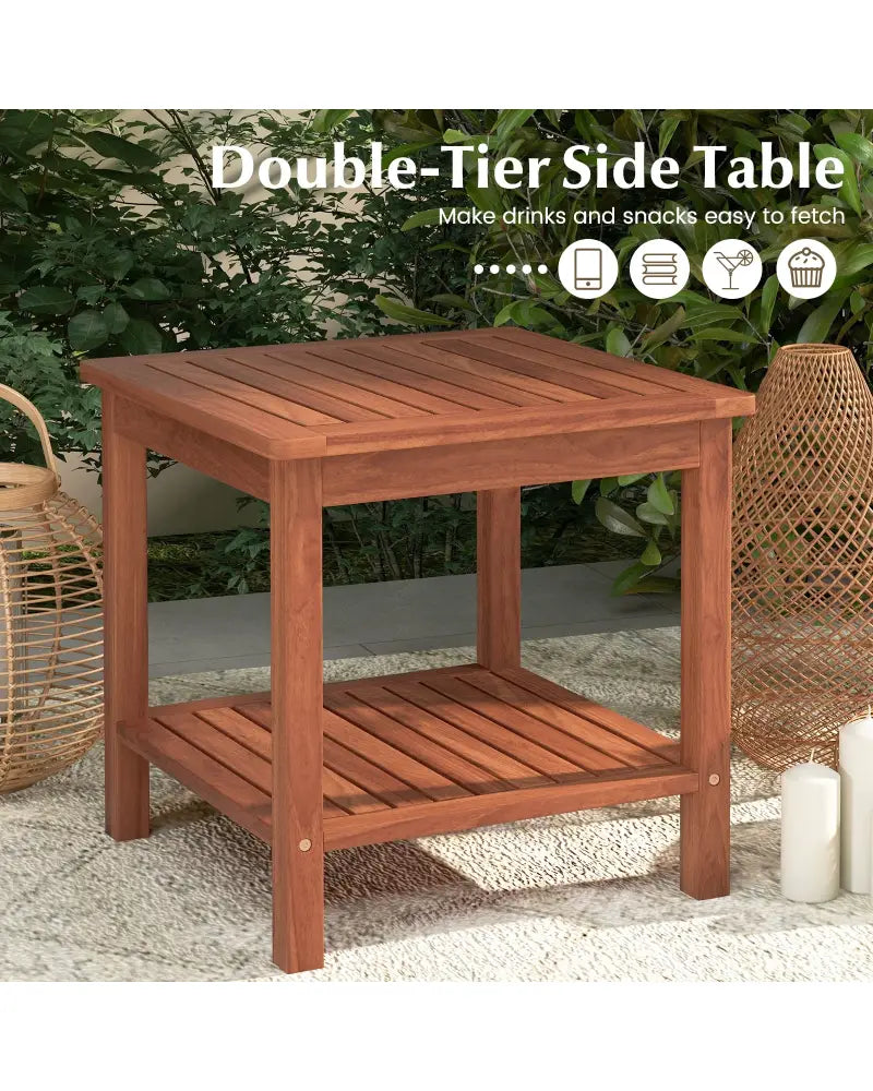 Set of 2 Double-Tier Acacia Wood Patio Side Table with Slatted Tabletop and Shelf - Natural - Patio Coffee Tables