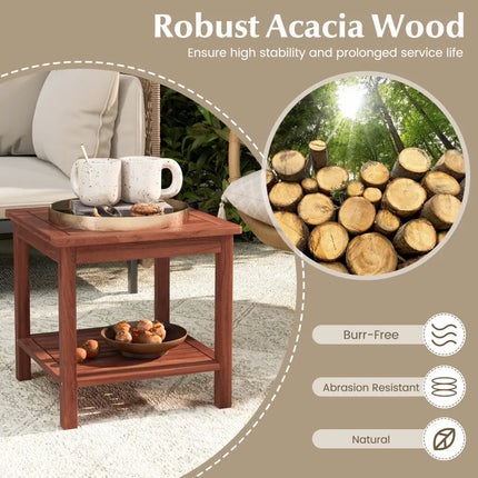 Set of 2 Double-Tier Acacia Wood Patio Side Table with Slatted Tabletop and Shelf - Natural - Patio Coffee Tables