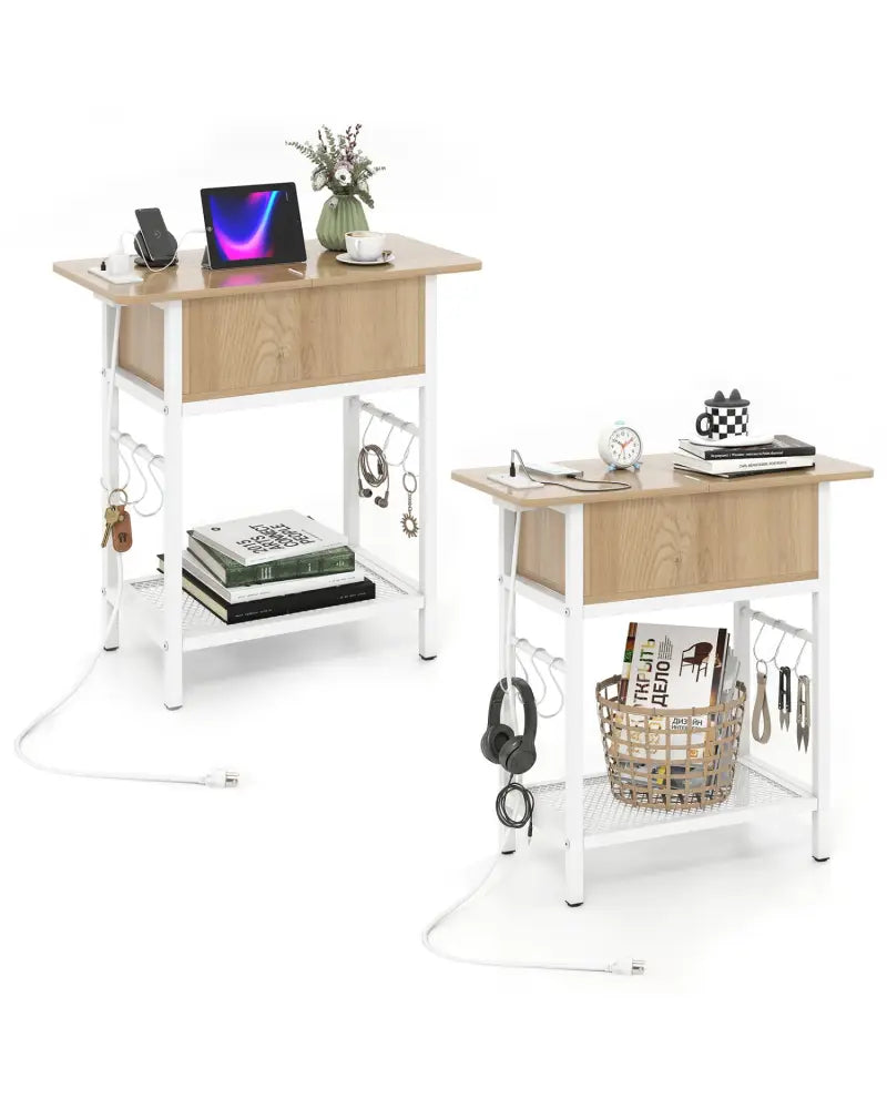 Set of 2 End Table with Charging Station and Hidden Compartment-Natural - Natural - End & Side Tables