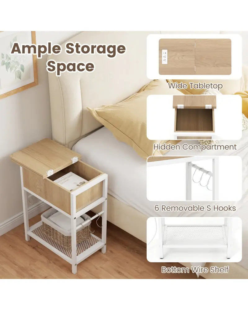 Set of 2 End Table with Charging Station and Hidden Compartment-Natural - Natural - End & Side Tables