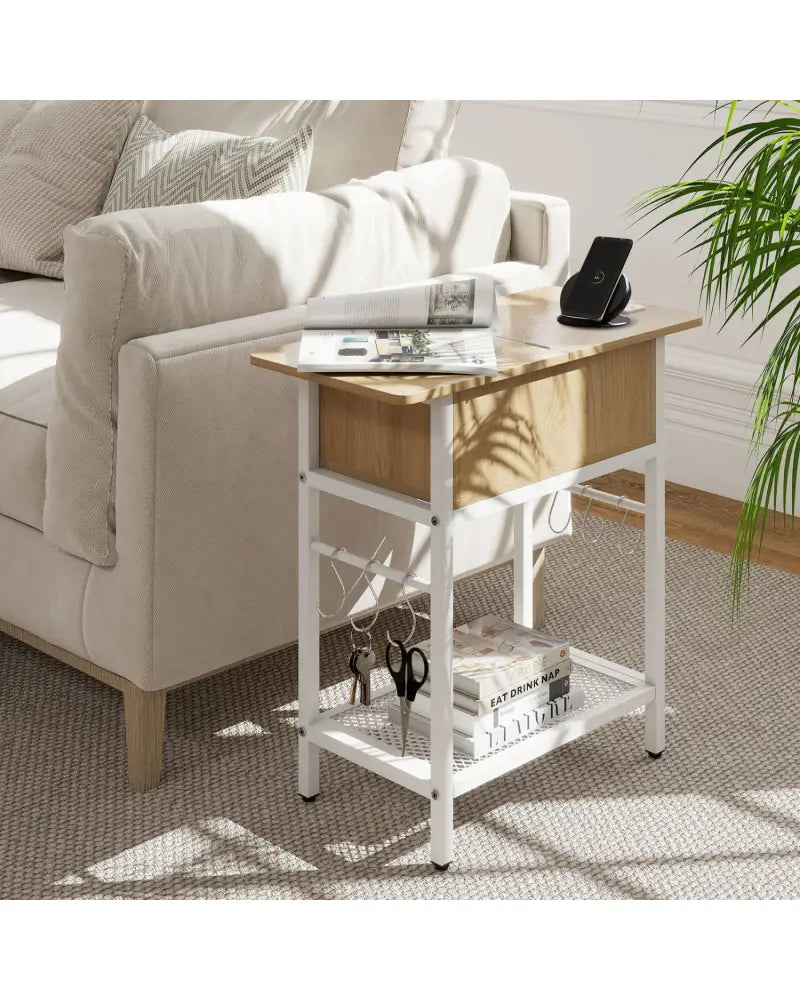 Set of 2 End Table with Charging Station and Hidden Compartment-Natural - Natural - End & Side Tables
