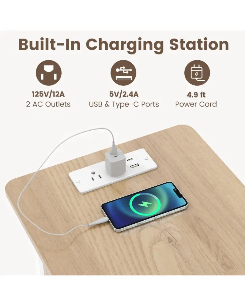 Set of 2 End Table with Charging Station and Hidden Compartment-Natural - Natural - End & Side Tables