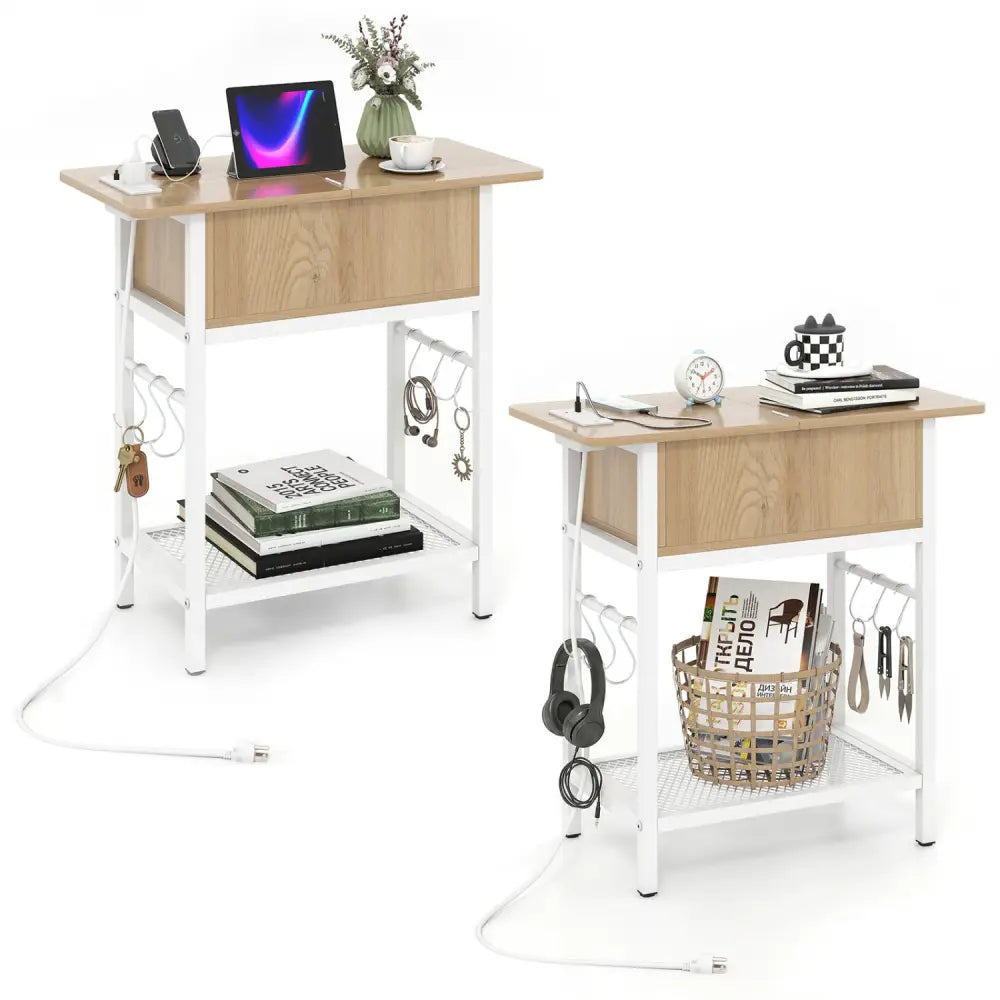 Set of 2 End Table with Charging Station and Hidden Compartment-Natural - Natural - End & Side Tables