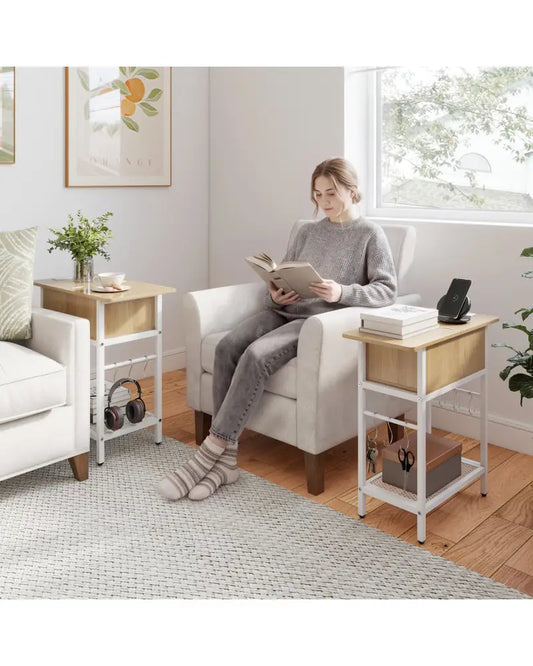 Set of 2 End Table with Charging Station and Hidden Compartment-Natural - Natural - End & Side Tables