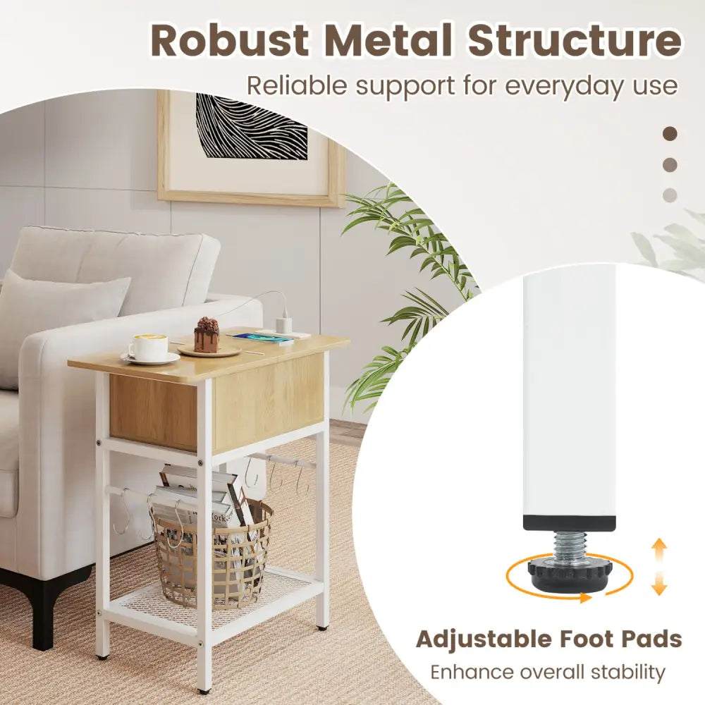 Set of 2 End Table with Charging Station and Hidden Compartment-Natural - Natural - End & Side Tables