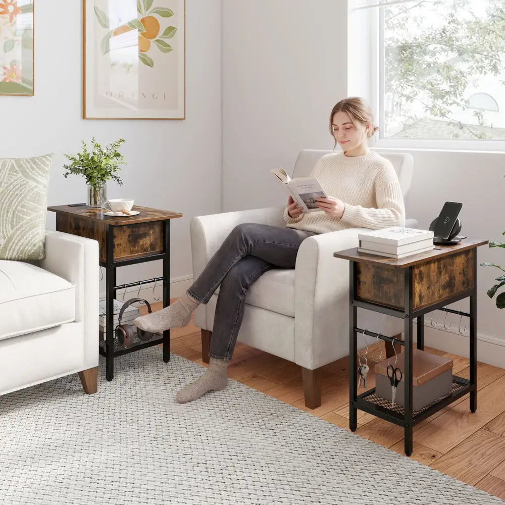 Set of 2 End Table with Charging Station and Hidden Compartment-Rustic Brown - Rustic Brown - End & Side Tables