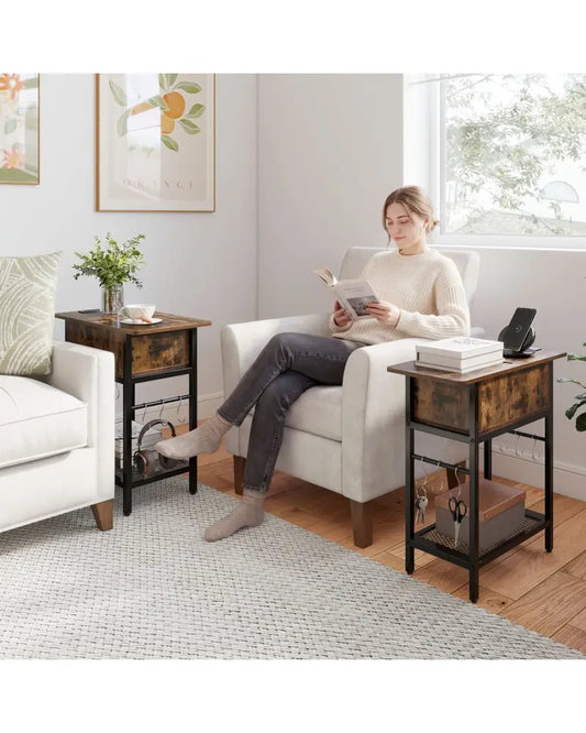 Set of 2 End Table with Charging Station and Hidden Compartment-Rustic Brown - Rustic Brown - End & Side Tables