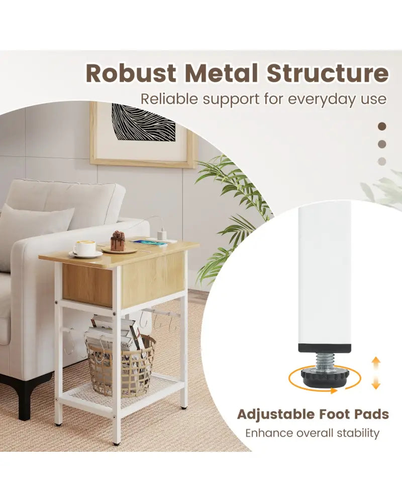 Set of 2 End Table with Charging Station and Hidden Compartment-Natural - Natural - End & Side Tables