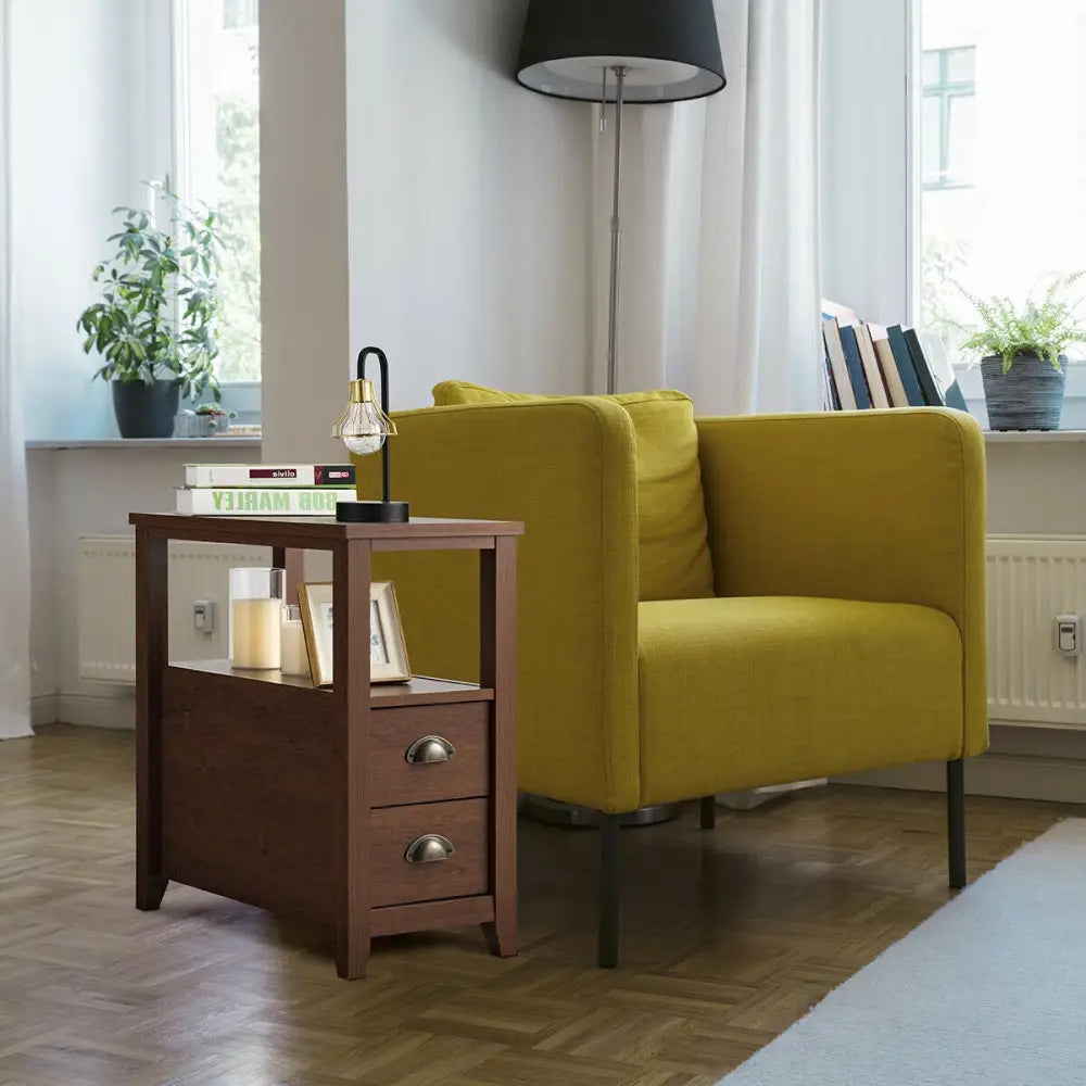 Set of 2 End Table Wooden with 2 Drawer & Shelf Bedside Table-Brown - Brown - Nightstands