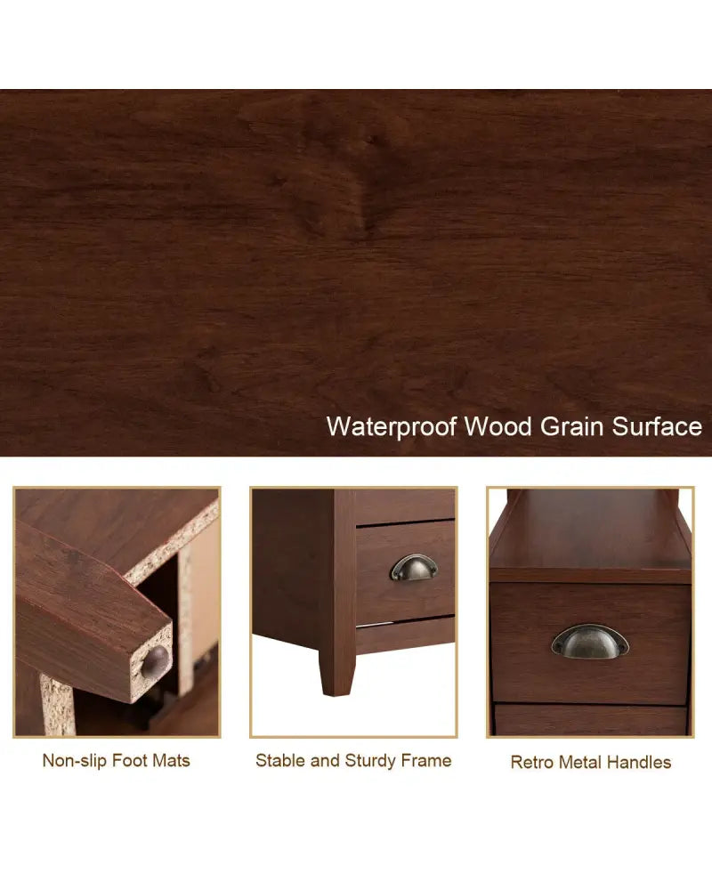 Set of 2 End Table Wooden with 2 Drawer & Shelf Bedside Table-Brown - Brown - Nightstands