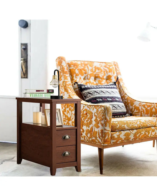 Set of 2 End Table Wooden with 2 Drawer & Shelf Bedside Table-Brown - Brown - Nightstands