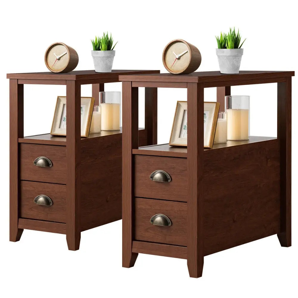 Set of 2 End Table Wooden with 2 Drawer & Shelf Bedside Table-Brown - Brown - Nightstands