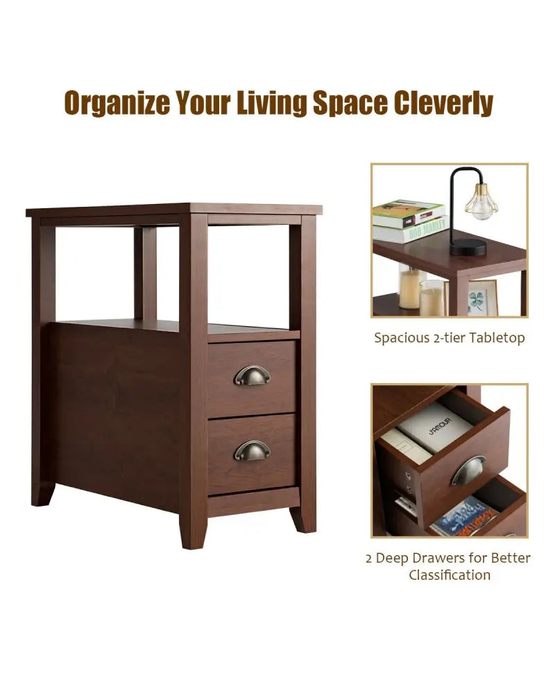 Set of 2 End Table Wooden with 2 Drawer & Shelf Bedside Table-Brown - Brown - Nightstands