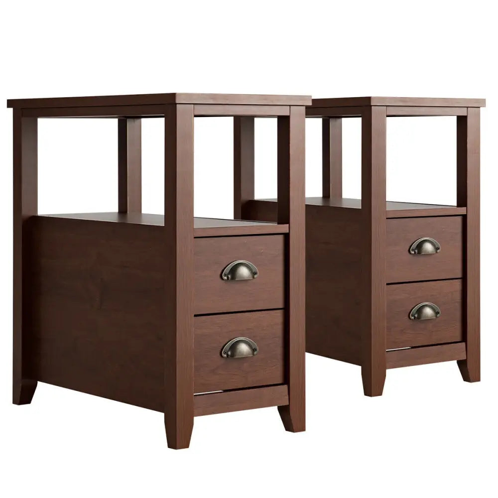 Set of 2 End Table Wooden with 2 Drawer & Shelf Bedside Table-Brown - Brown - Nightstands