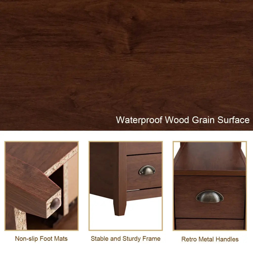 Set of 2 End Table Wooden with 2 Drawer & Shelf Bedside Table-Brown - Brown - Nightstands