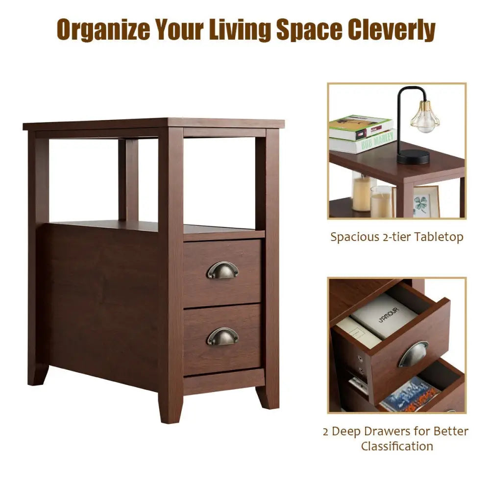 Set of 2 End Table Wooden with 2 Drawer & Shelf Bedside Table-Brown - Brown - Nightstands