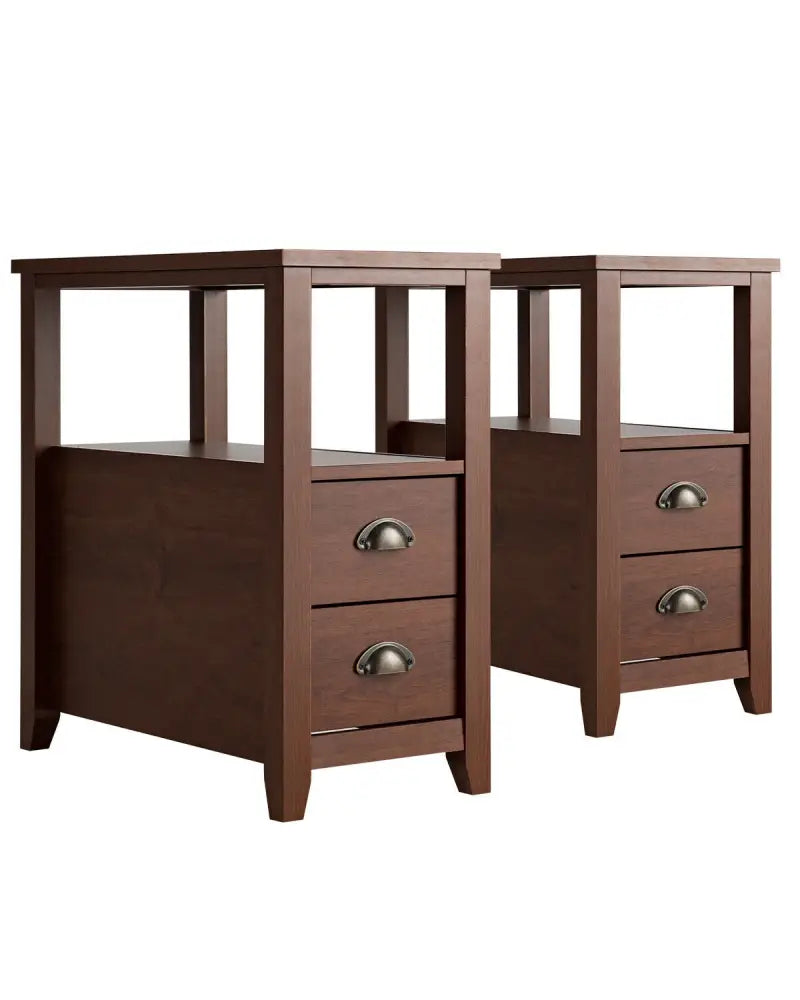 Set of 2 End Table Wooden with 2 Drawer & Shelf Bedside Table-Brown - Brown - Nightstands