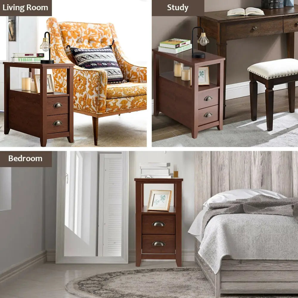 Set of 2 End Table Wooden with 2 Drawer & Shelf Bedside Table-Brown - Brown - Nightstands