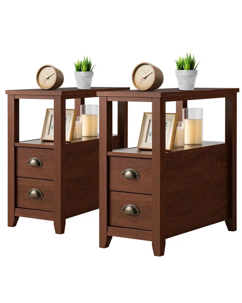 Set of 2 End Table Wooden with 2 Drawer & Shelf Bedside Table-Brown - Brown - Nightstands