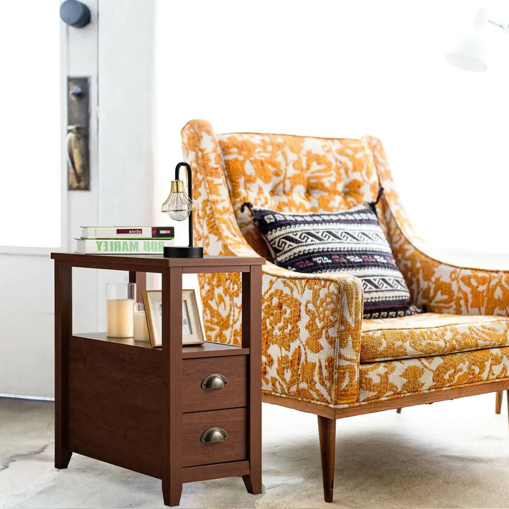 Set of 2 End Table Wooden with 2 Drawer & Shelf Bedside Table-Brown - Brown - Nightstands