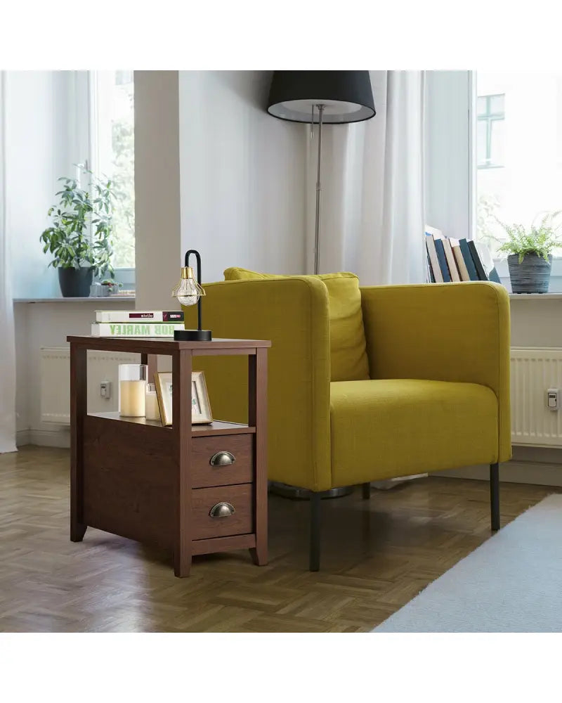 Set of 2 End Table Wooden with 2 Drawer & Shelf Bedside Table-Brown - Brown - Nightstands