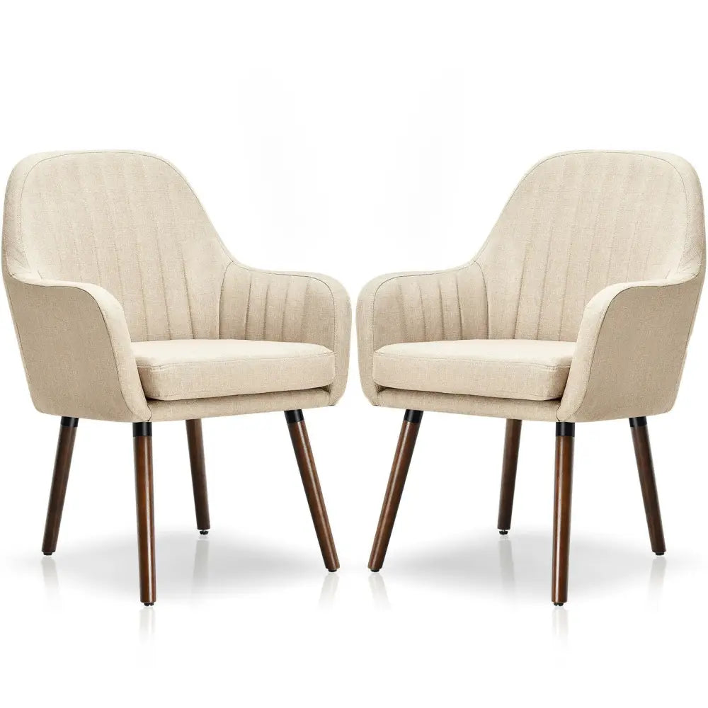 Set of 2 Fabric Upholstered Accent Chairs with Wooden Legs-Beige - Beige - Accent Chairs