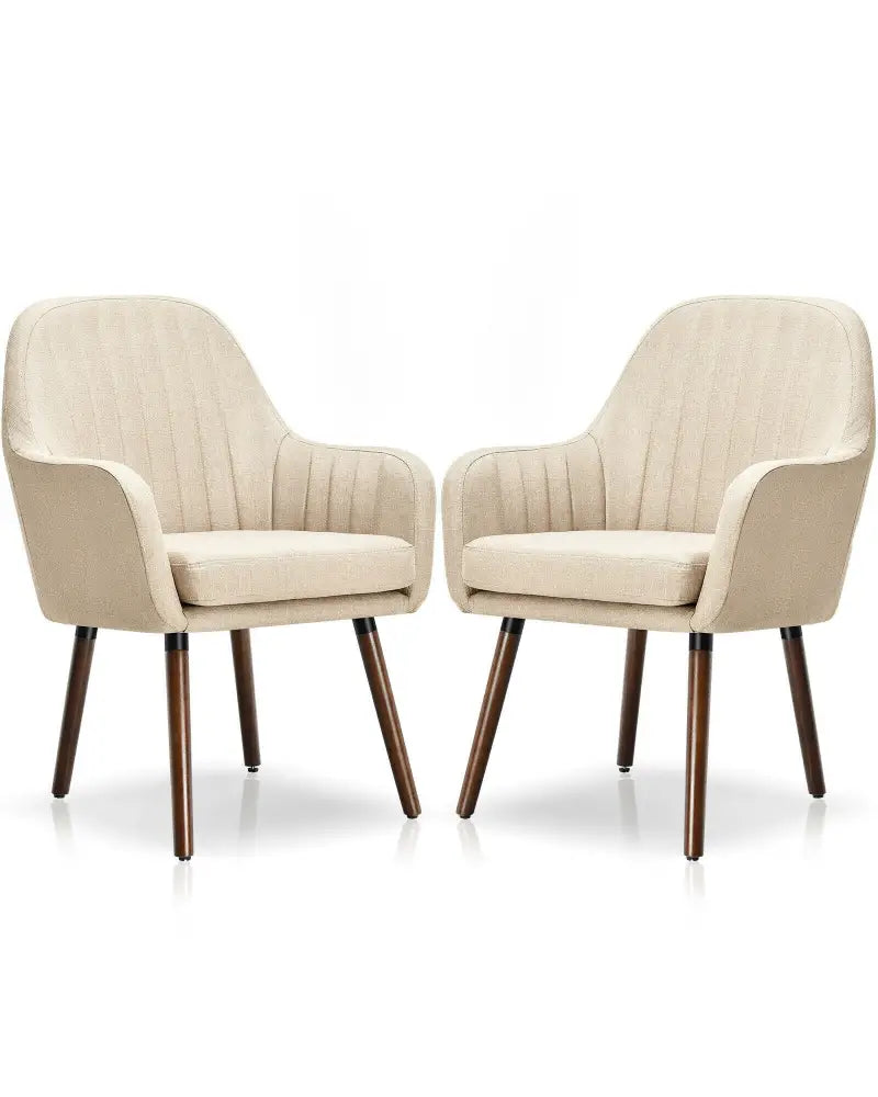 Set of 2 Fabric Upholstered Accent Chairs with Wooden Legs-Beige - Beige - Accent Chairs
