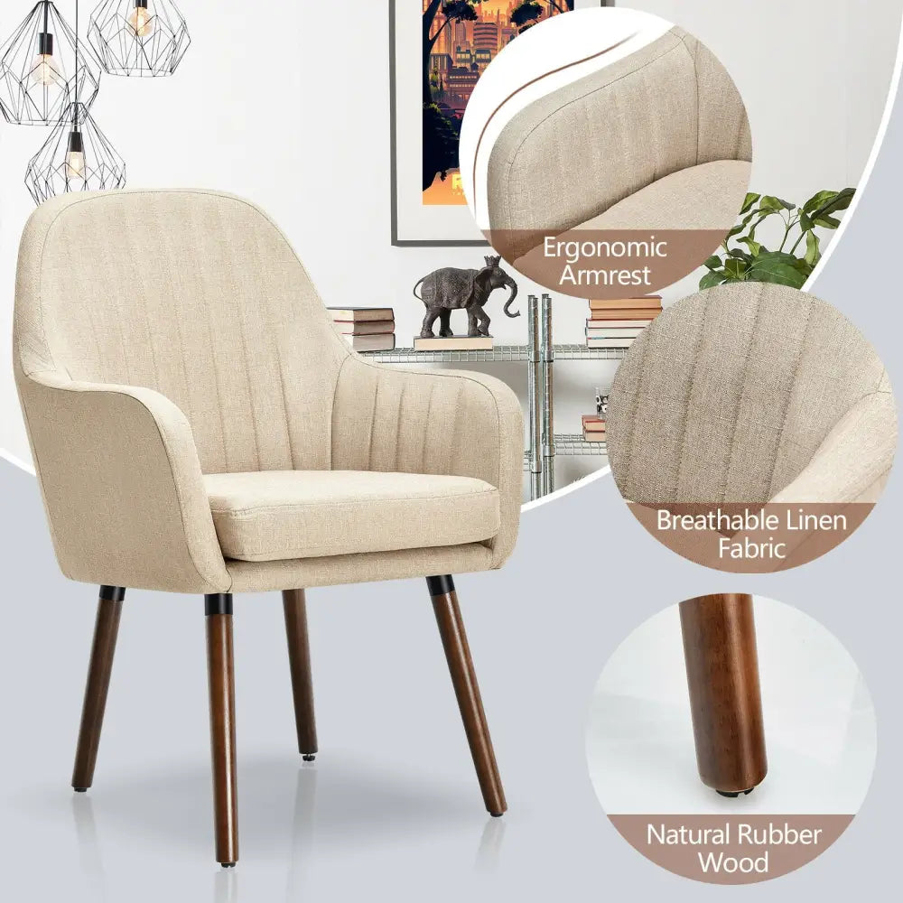 Set of 2 Fabric Upholstered Accent Chairs with Wooden Legs-Beige - Beige - Accent Chairs