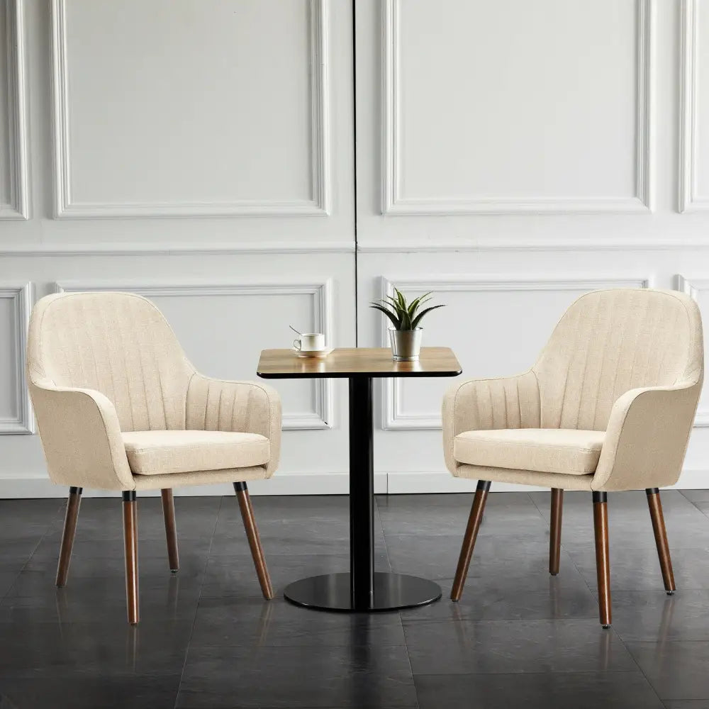 Set of 2 Fabric Upholstered Accent Chairs with Wooden Legs-Beige - Beige - Accent Chairs