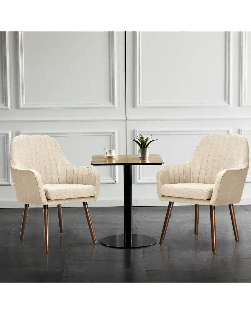 Set of 2 Fabric Upholstered Accent Chairs with Wooden Legs-Beige - Beige - Accent Chairs