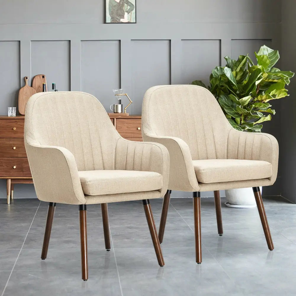 Set of 2 Fabric Upholstered Accent Chairs with Wooden Legs-Beige - Beige - Accent Chairs