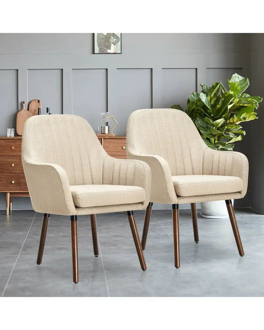 Set of 2 Fabric Upholstered Accent Chairs with Wooden Legs-Beige - Beige - Accent Chairs