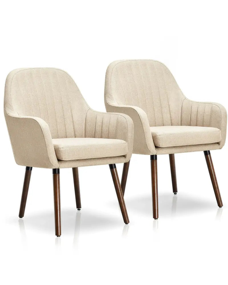 Set of 2 Fabric Upholstered Accent Chairs with Wooden Legs-Beige - Beige - Accent Chairs