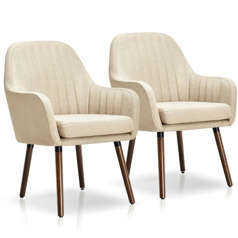 Set of 2 Fabric Upholstered Accent Chairs with Wooden Legs-Beige - Beige - Accent Chairs