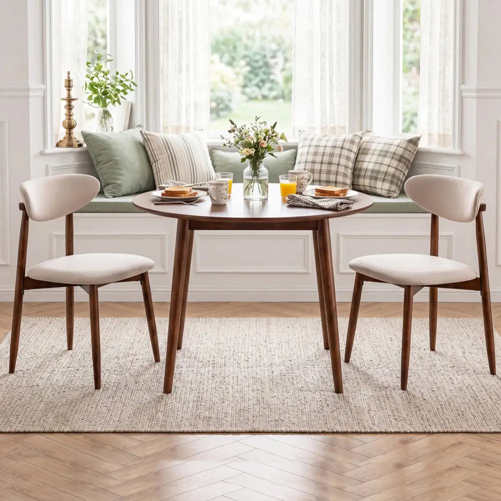 Set of 2 Fabric Upholstered Dining Chairs with Curved Backs-Beige - Beige - Dining Chairs