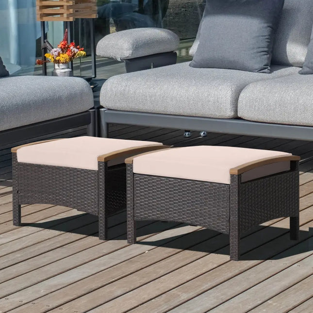 Set of 2 Fade-Resistant Wicker Patio Ottoman-Brown - Brown - Outdoor Seating & Patio Chairs