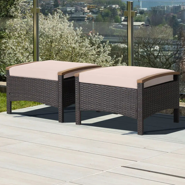 Set of 2 Fade-Resistant Wicker Patio Ottoman-Brown - Brown - Outdoor Seating & Patio Chairs