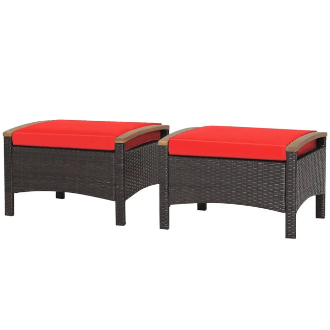 Set of 2 Fade-Resistant Wicker Patio Ottoman-Red - Red - Outdoor Seating & Patio Chairs