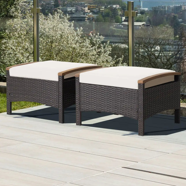Set of 2 Fade-Resistant Wicker Patio Ottoman-White - White - Outdoor Seating & Patio Chairs
