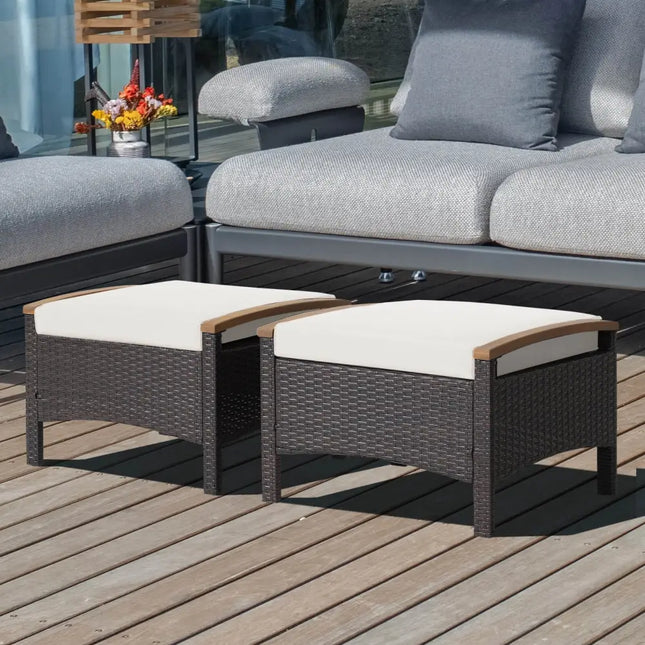 Set of 2 Fade-Resistant Wicker Patio Ottoman-White - White - Outdoor Seating & Patio Chairs