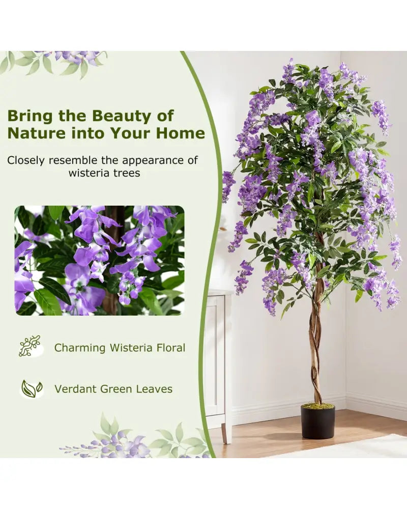 Set of 2 Fake Ficus Plant 6 FT Artificial Wisteria Tree with Natural Trunks and Purple Lifelike Flowers - Purple - Faux