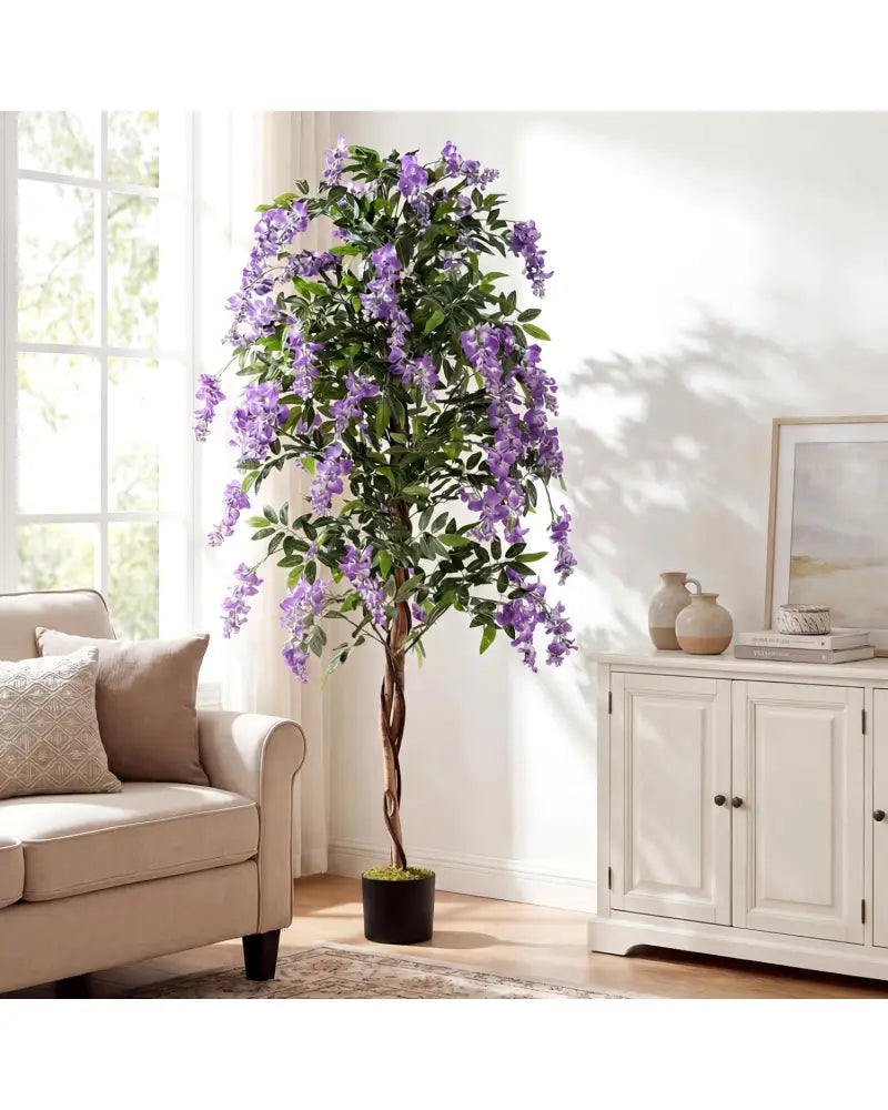 Set of 2 Fake Ficus Plant 6 FT Artificial Wisteria Tree with Natural Trunks and Purple Lifelike Flowers - Purple - Faux