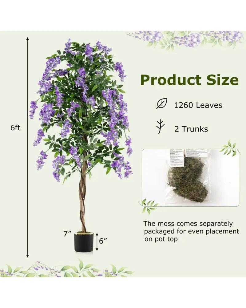 Set of 2 Fake Ficus Plant 6 FT Artificial Wisteria Tree with Natural Trunks and Purple Lifelike Flowers - Purple - Faux