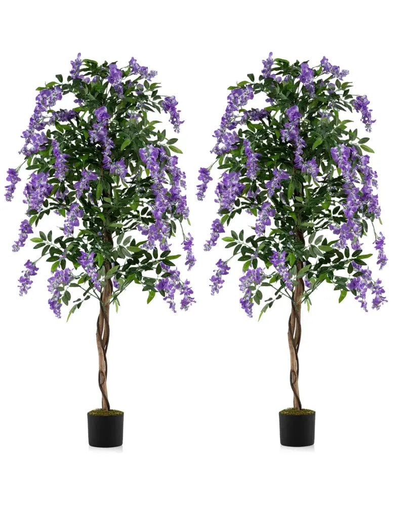 Set of 2 Fake Ficus Plant 6 FT Artificial Wisteria Tree with Natural Trunks and Purple Lifelike Flowers - Purple - Faux