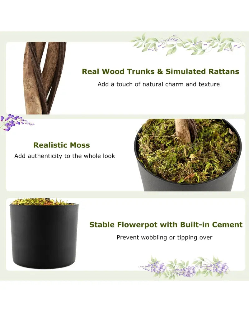 Set of 2 Fake Ficus Plant 6 FT Artificial Wisteria Tree with Natural Trunks and Purple Lifelike Flowers - Purple - Faux