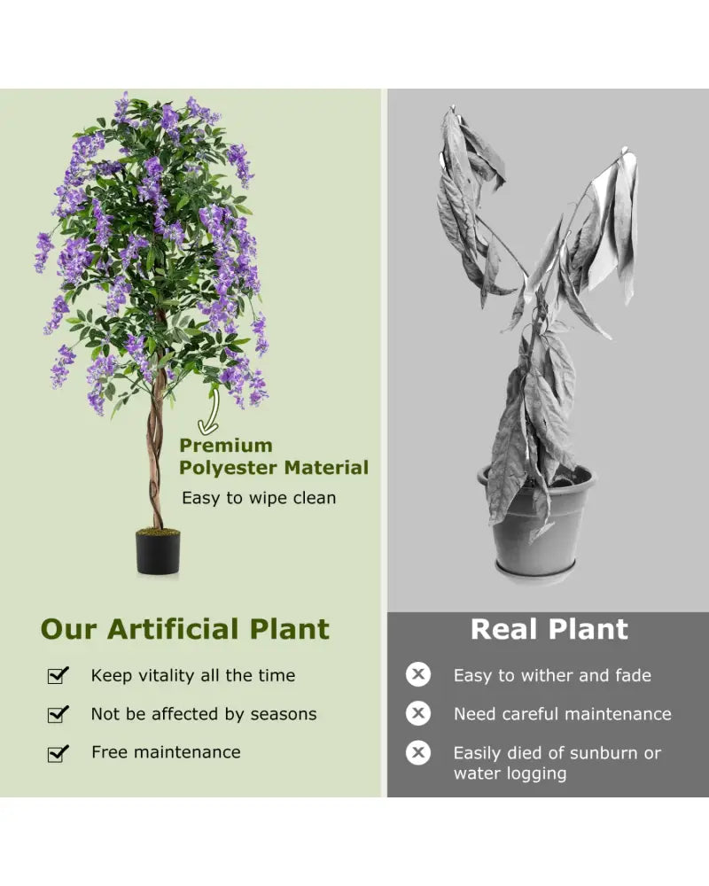 Set of 2 Fake Ficus Plant 6 FT Artificial Wisteria Tree with Natural Trunks and Purple Lifelike Flowers - Purple - Faux