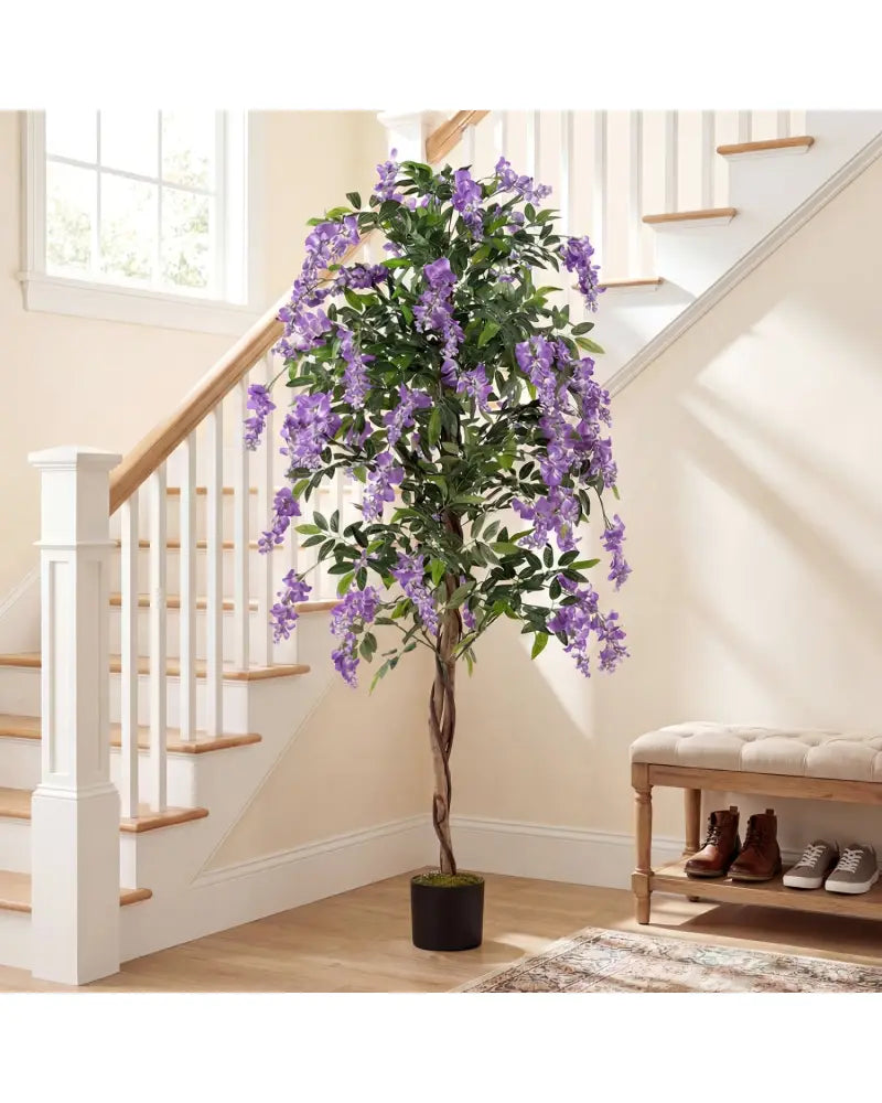 Set of 2 Fake Ficus Plant 6 FT Artificial Wisteria Tree with Natural Trunks and Purple Lifelike Flowers - Purple - Faux