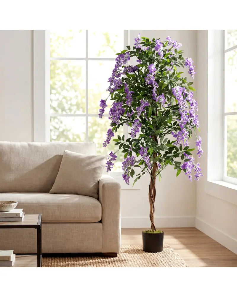 Set of 2 Fake Ficus Plant 6 FT Artificial Wisteria Tree with Natural Trunks and Purple Lifelike Flowers - Purple - Faux