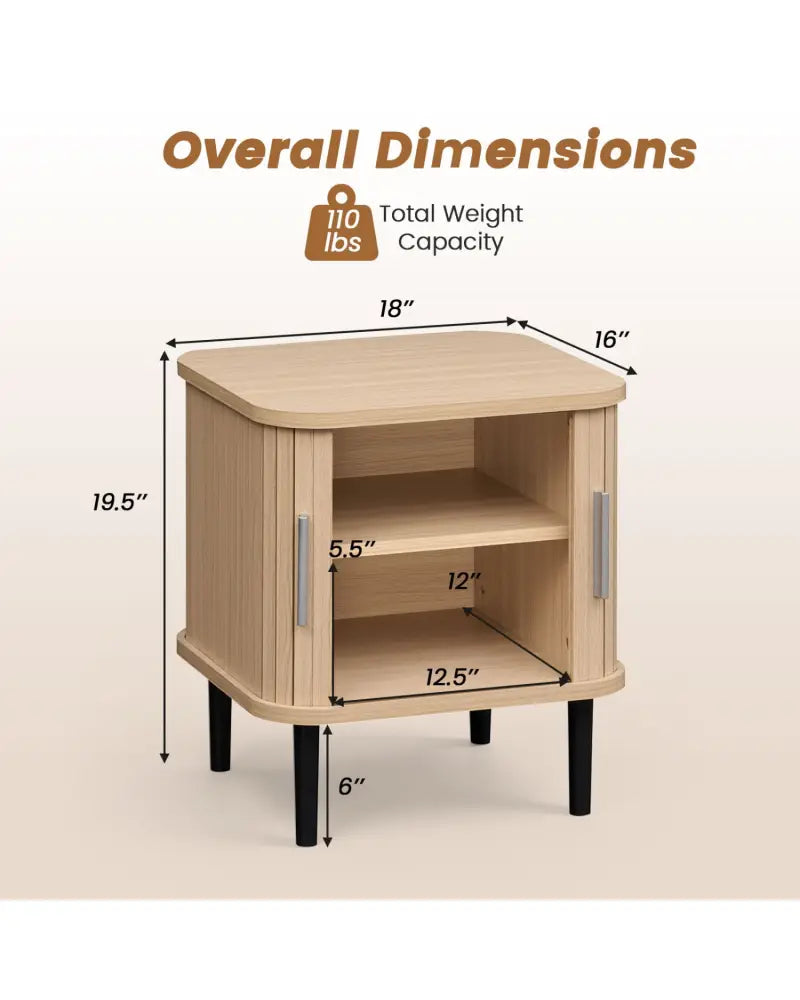 Set of 2 Fluted Nightstand with Sliding Doors and Adjustable Shelf for Small Spaces-Natural - Natural - Nightstands