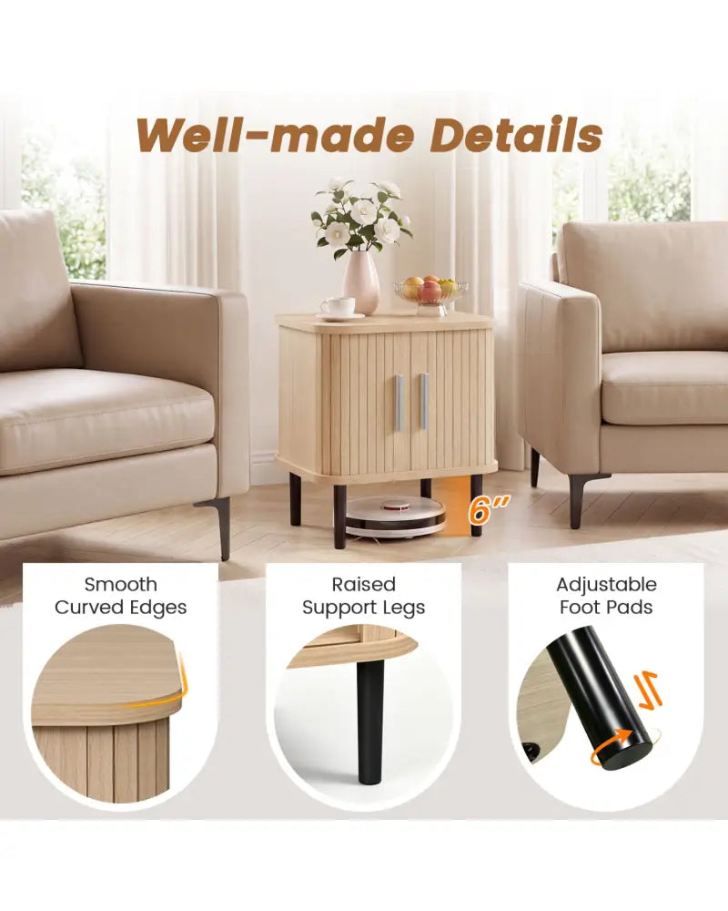 Set of 2 Fluted Nightstand with Sliding Doors and Adjustable Shelf for Small Spaces-Natural - Natural - Nightstands